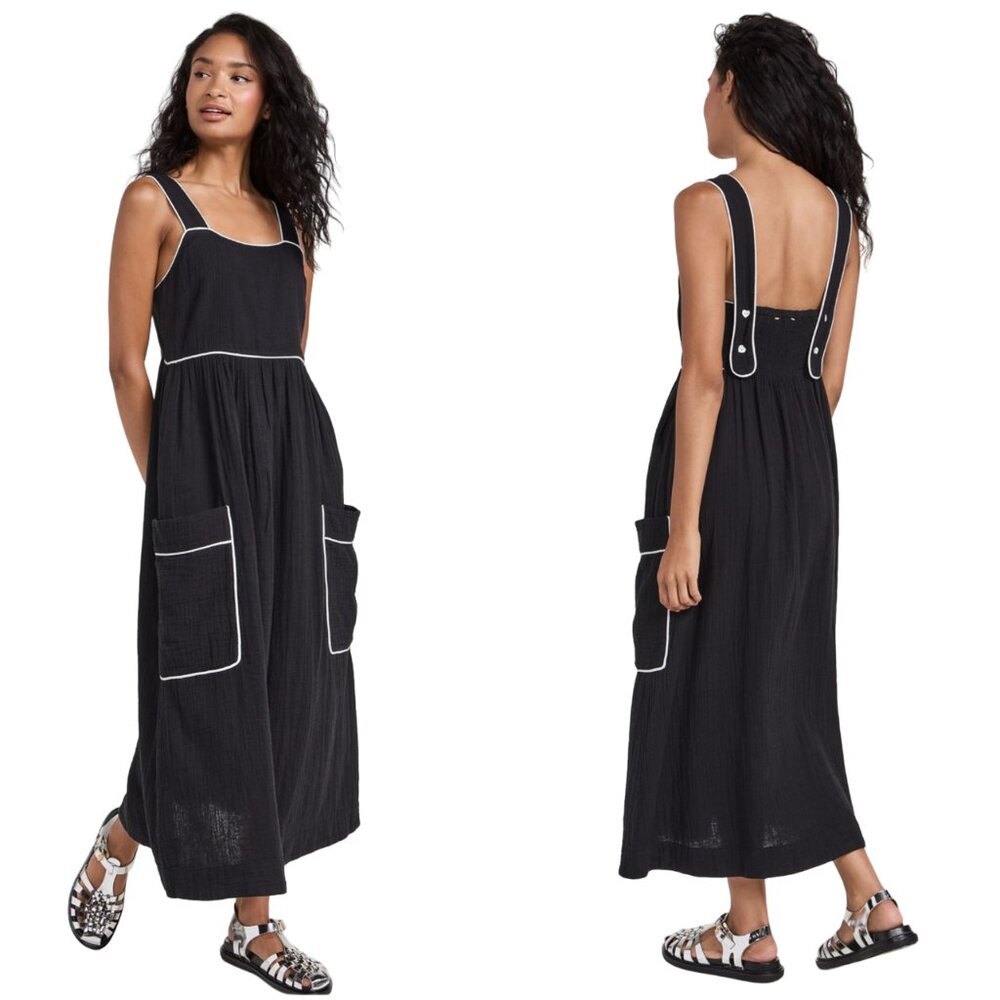 Kerri Rosenthal Emma Maxi Dress black S small Gauze smocked pockets apron